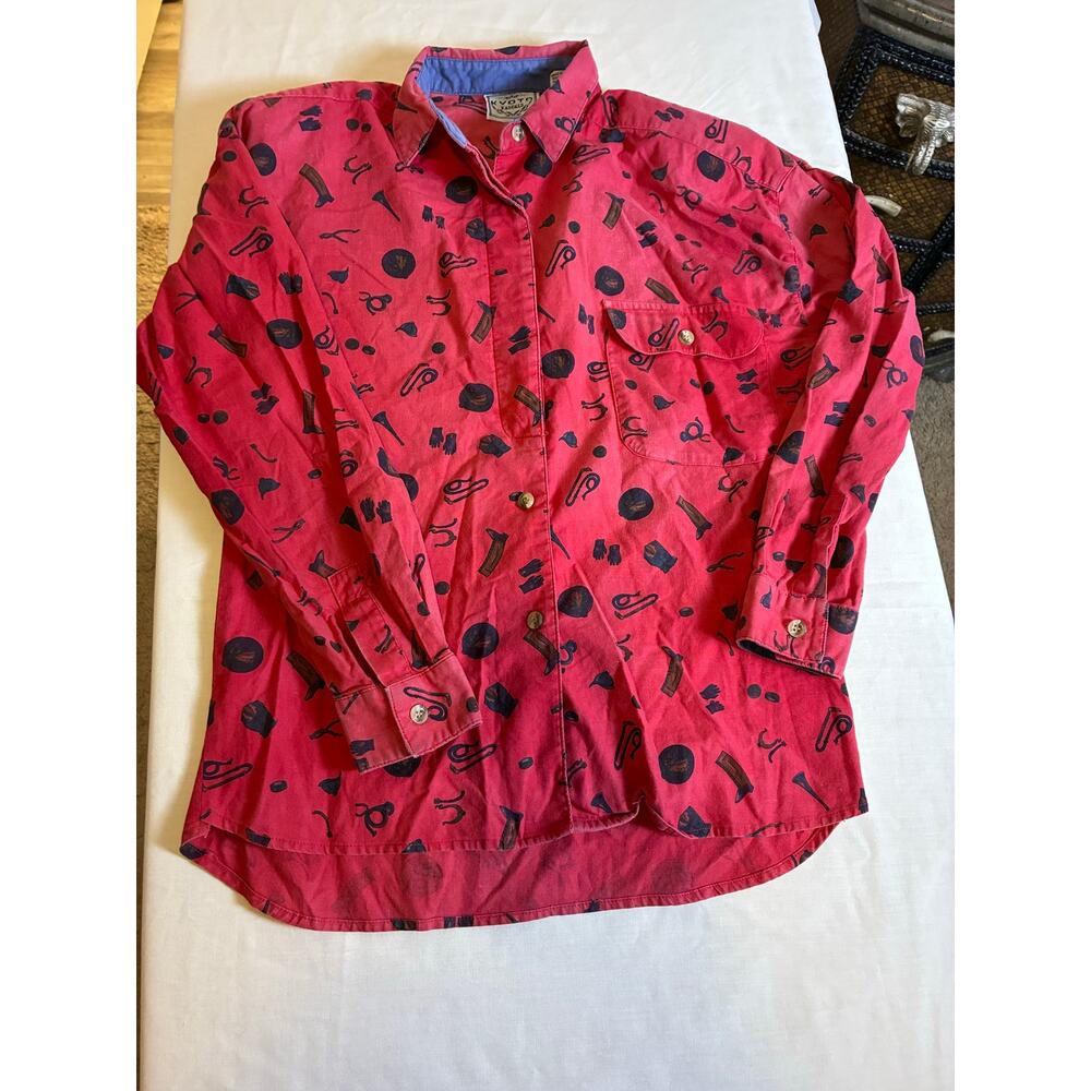 Kyoto Kasuals Mens Shirt L Red All Over Print Vintage 90s Button Up Cotton